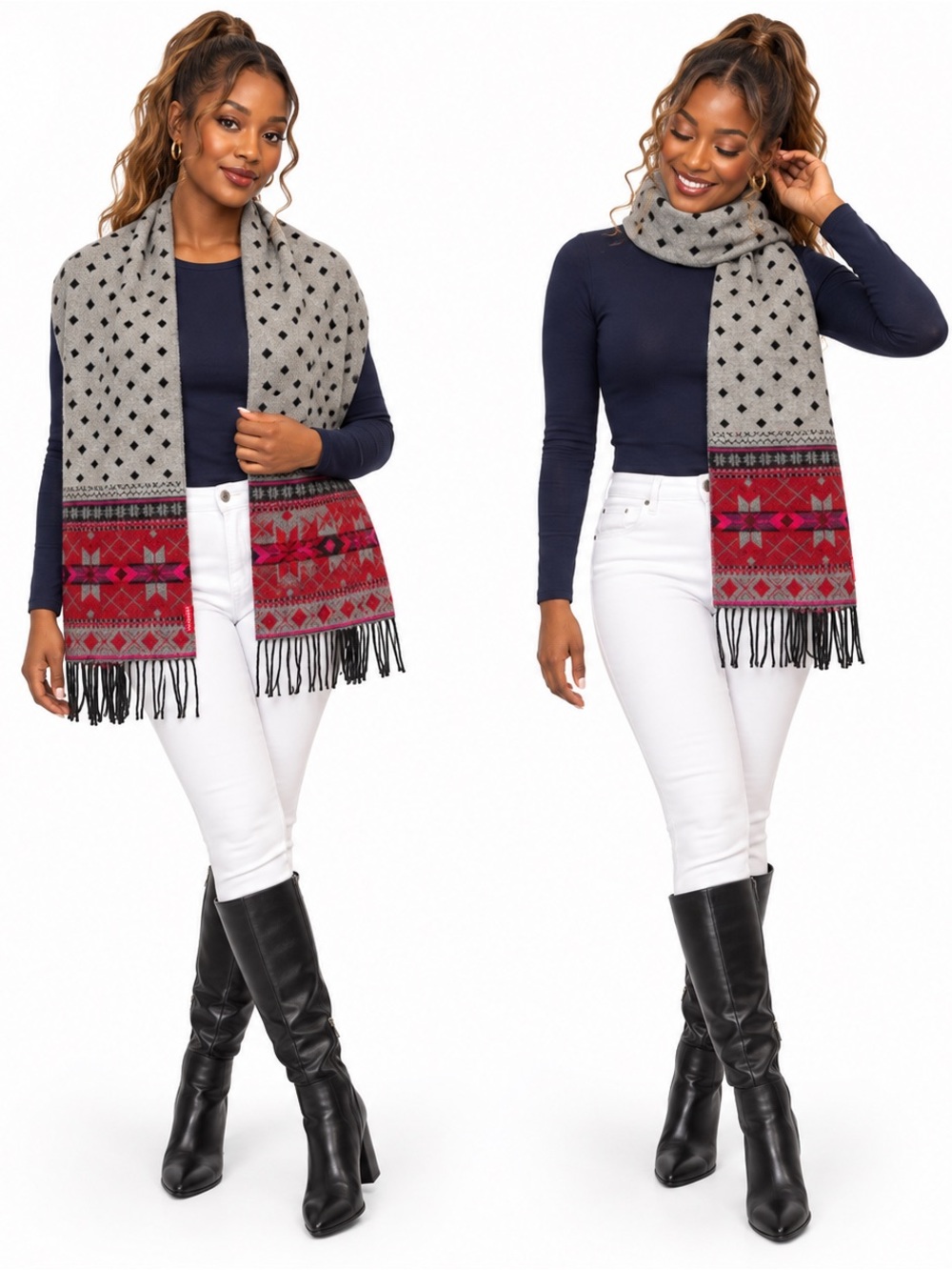 Reversible Geometric Fringe Scarf : Black/ Gray/Red/Pink - Picture 2 of 3